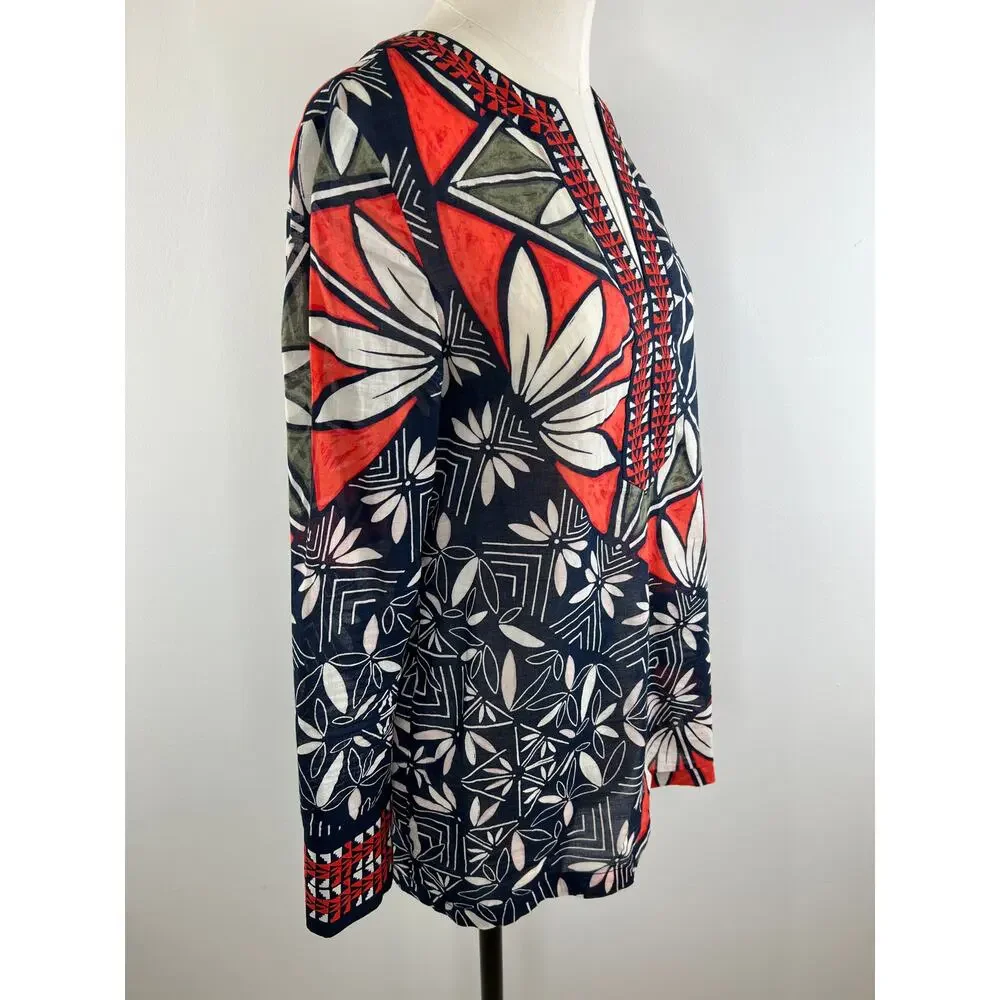 Tory Burch Geometric Blue Orange Print Long Sleeve Cotton Tunic Cover Up Size 4